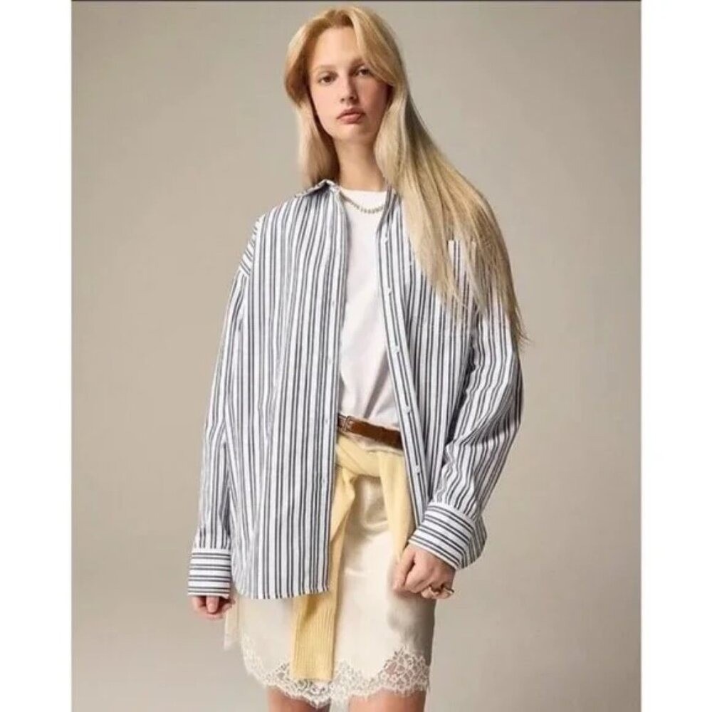 J.‎ Crew Shirt Womens Étienne Oversized Striped Cotton Poplin Blue Size M Preppy